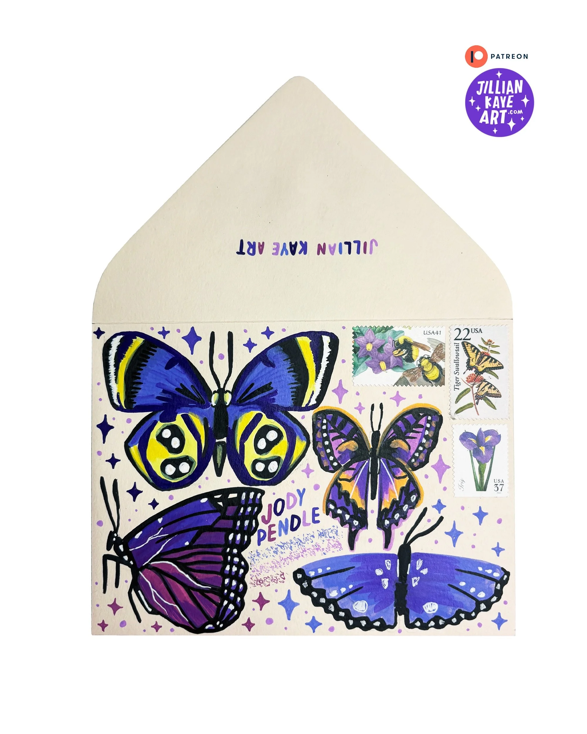 🦋✨🦋✨🦋 fluttering on by

🎨: @nicetypen paint markers and @sakuraofamerica white Gelly Roll on a @papersource A7 envelope 

#snailmail #mailart #postage #mail #butterflies