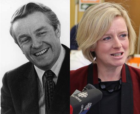 Left: Peter Lougheed / Right: Rachel Notley via Wikipedia.