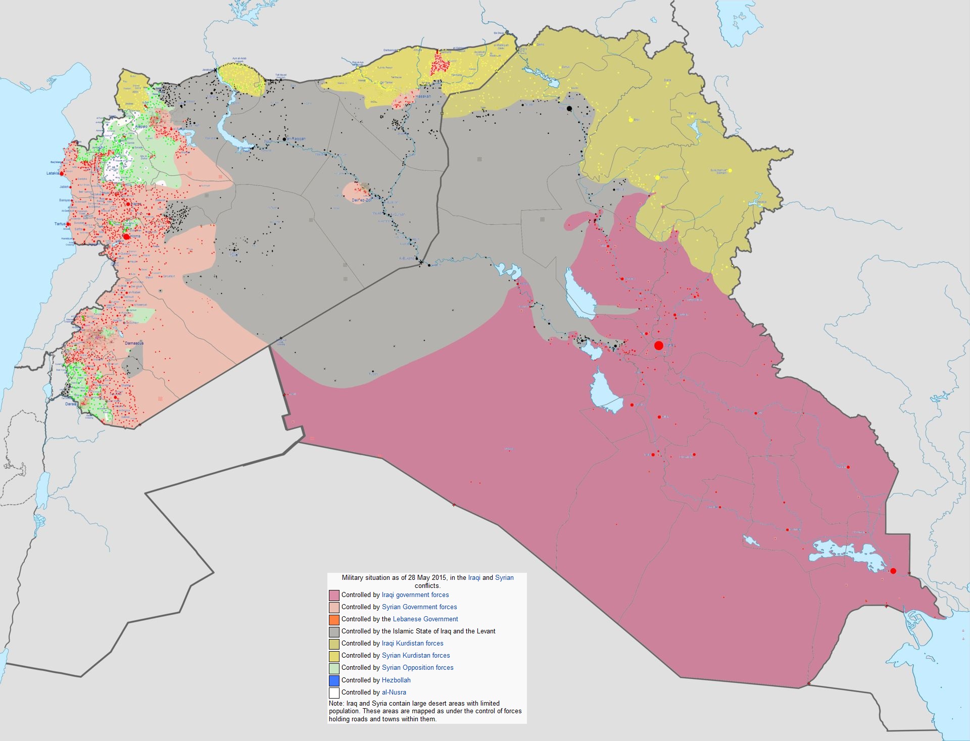 Military situation as of 28 May 2015, in the Iraqi and Syrian conflicts, via Wikipedia .