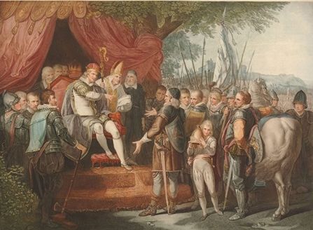Illustration of King John delivering Magna Carta to the Barons (1783) via the British Library .