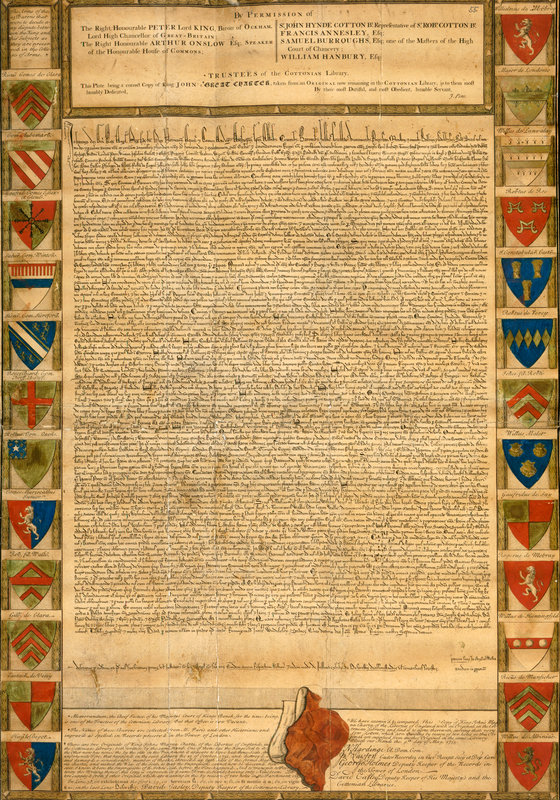A facsimile of the Magna Carta, published in 1733. The original was burned in the Ashburnham fire of 1731 via the British Library .