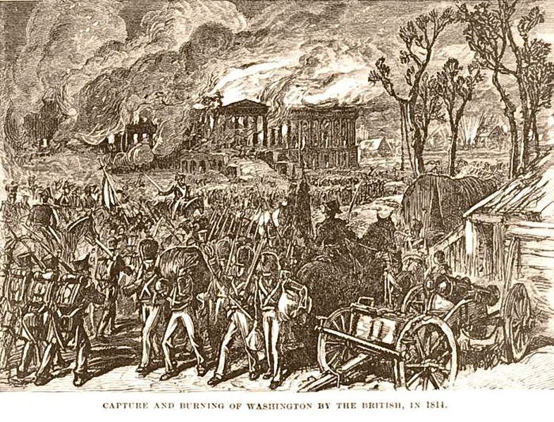 "Capture and burning of Washington by the British, in 1814," via Wikipedia .