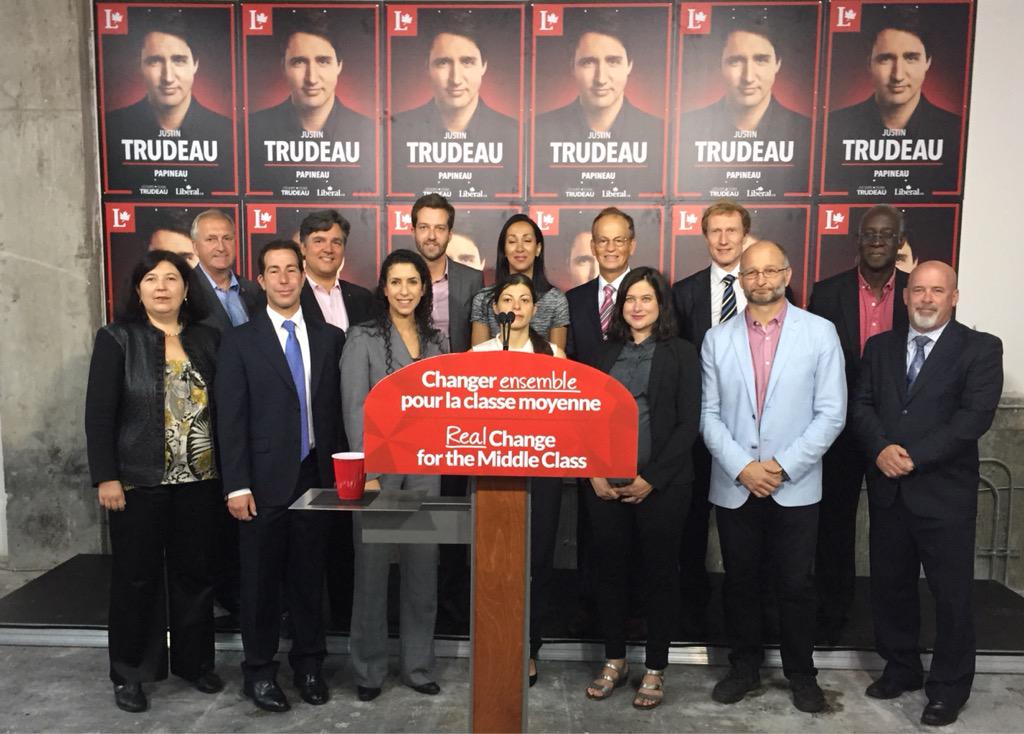 Liberal Members from Justin Trudeau's Papineau riding await his arrival, via Twitter .