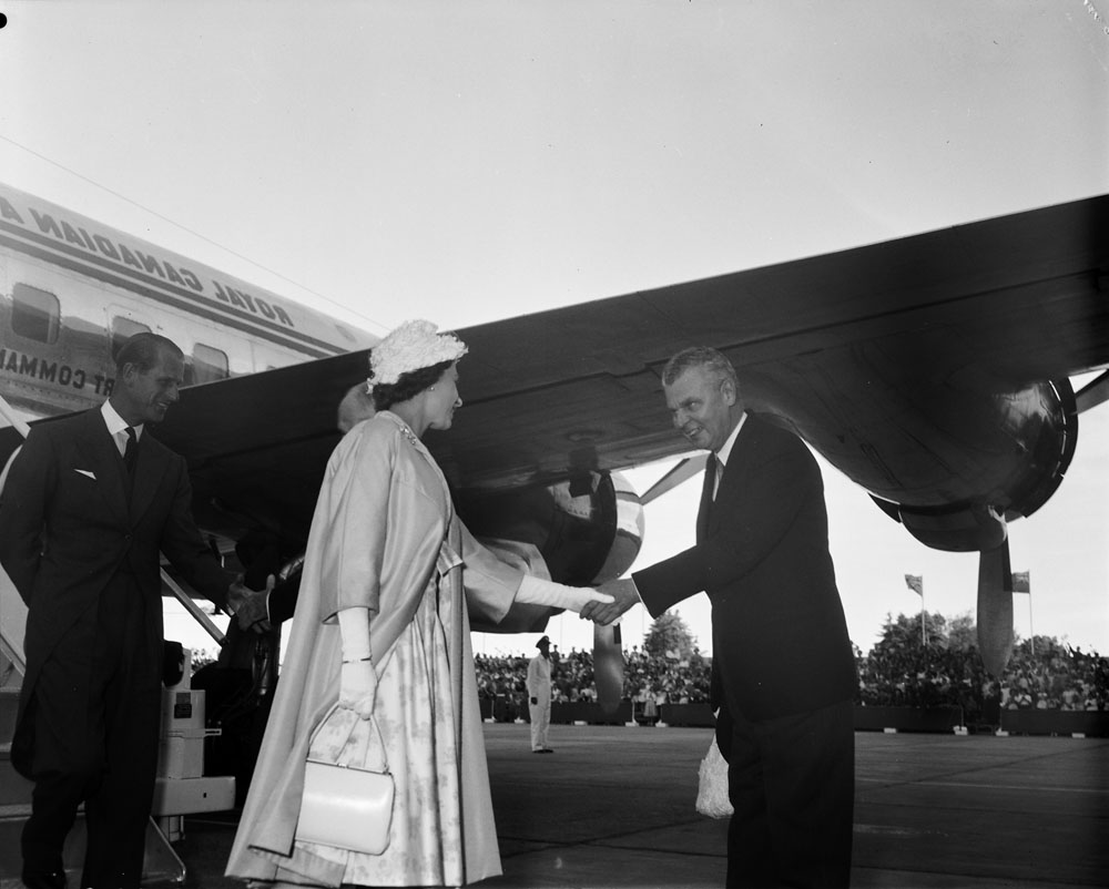 Prime Minister Diefenbaker greeting Queen Elizabeth II in 1959, via Library and Archives Canada .