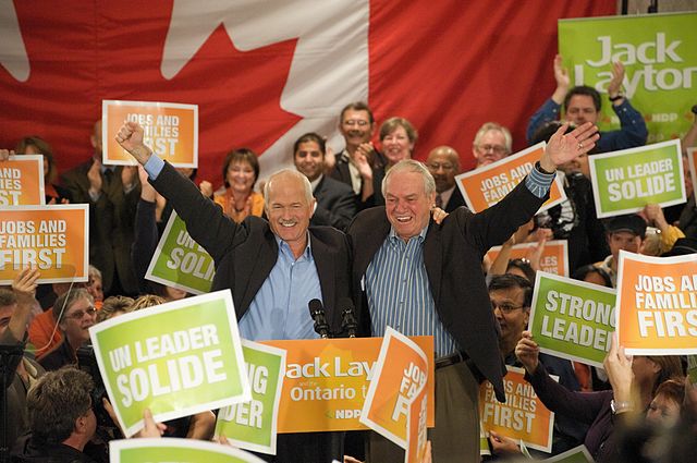 Ed Broadbent and Jack Layton at a New Democratic Party rally during the 2008 federal election, via Wikipedia .