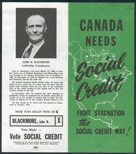 Pamphlet for Social Credit leader John H. Blackmore, via Glenbow Archives .