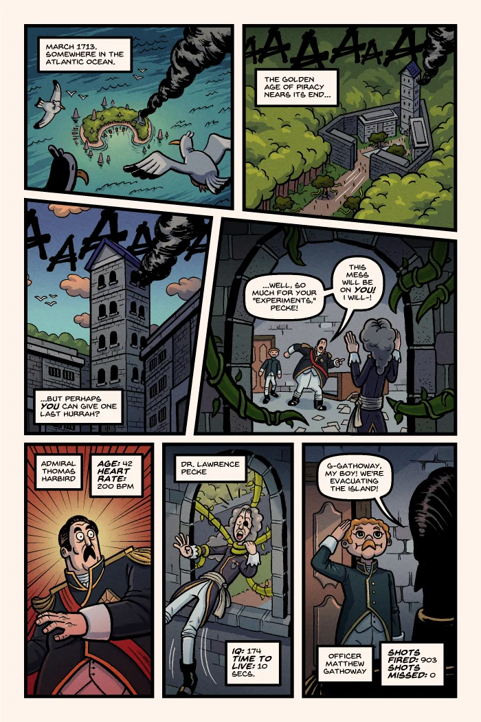A preview of my SCAD thesis comic, a choose-your-own-adventure story about a pirate trio escaping a prison island.