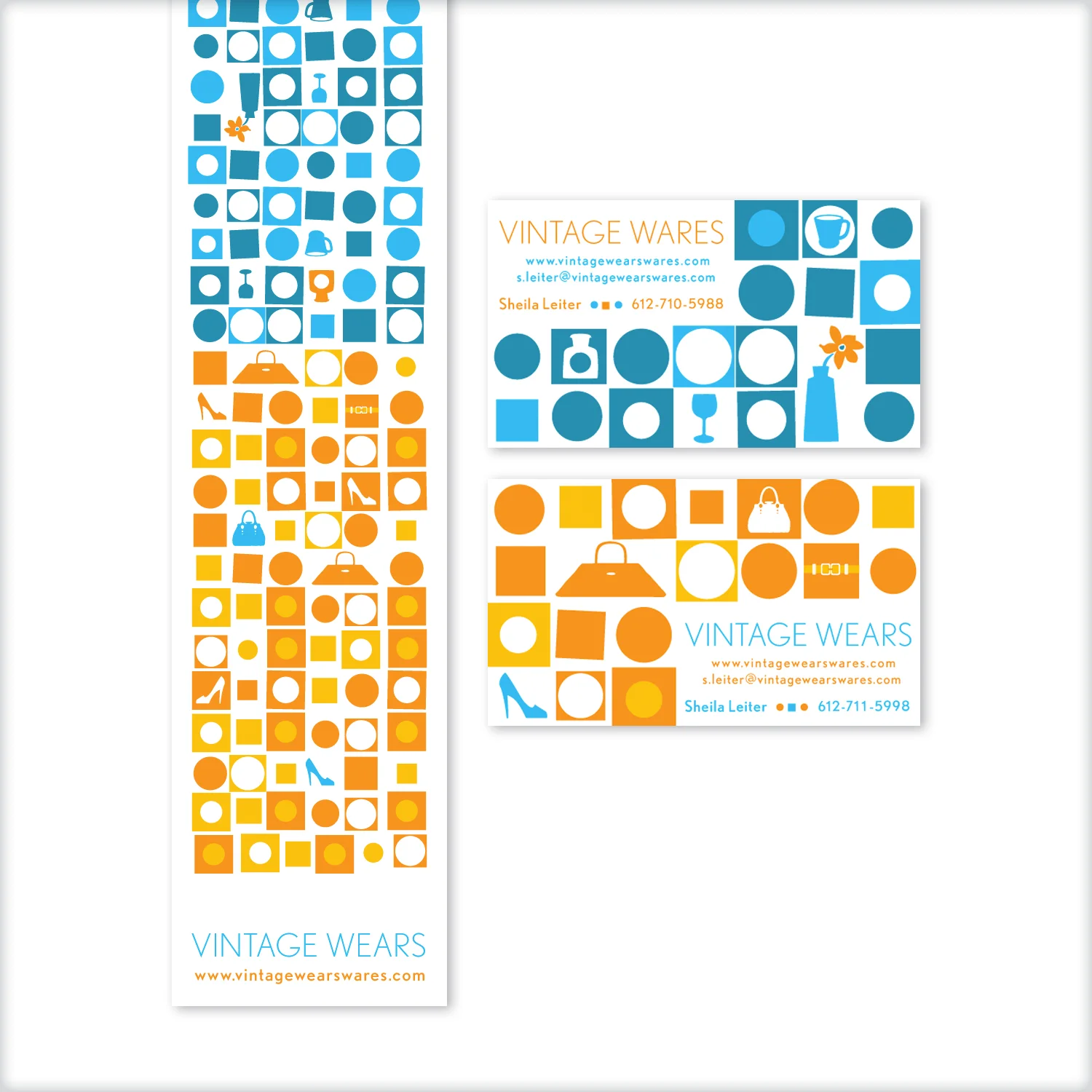 Vintage Wears Wares : a branding system created for a business selling high-end, design focused vintage items (fashion and home products) through independent retailers. The system includes a two-sided business card, package tape showing both sides of the business, and price stickers. Created while at Catalyst Studios.