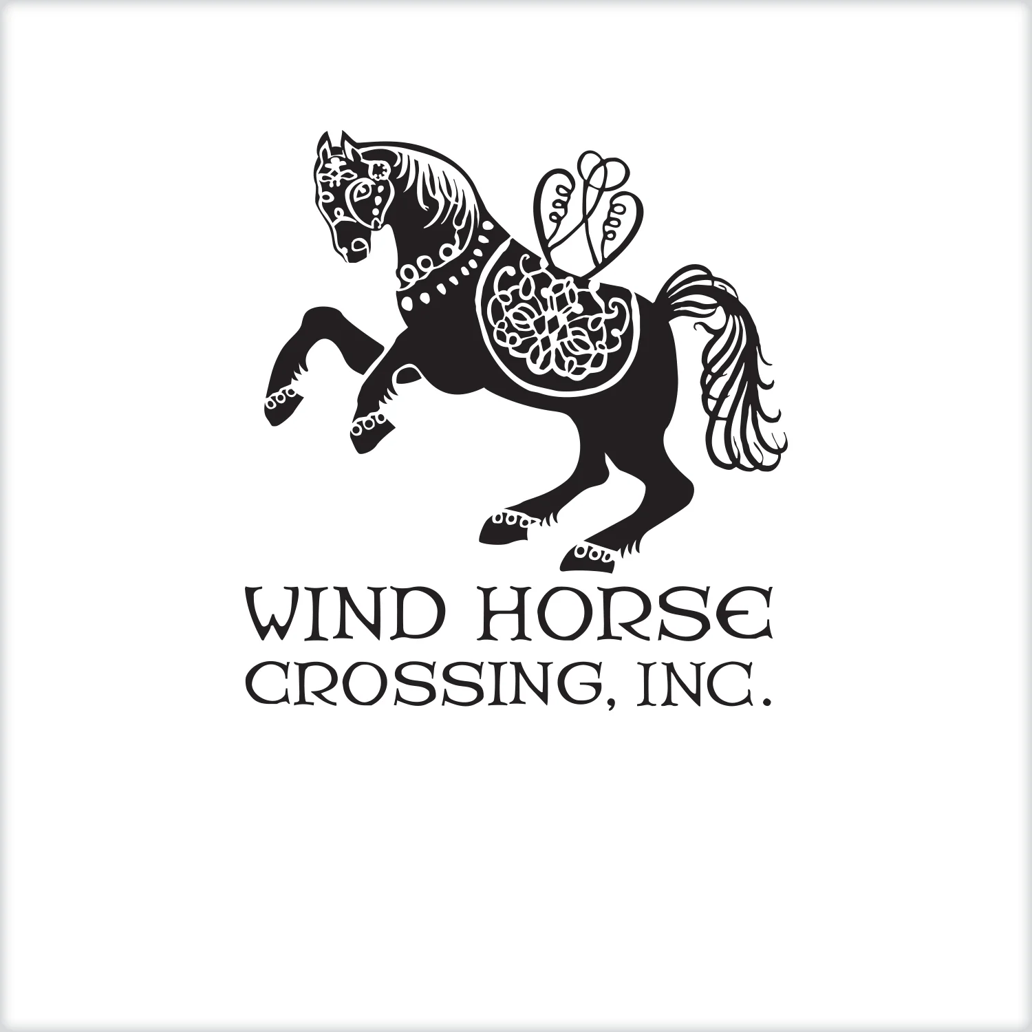 Wind Horse Crossing is devoted to providing training and therapeutic experience to individuals and groups wanting to increase self-awareness through the practice of equine-assisted psychotherapy. In Tibetan culture, the wind horse is typically shown without wings, but carries the three jewels. Its appearance is supposed to bring peace, wealth, and harmony. They carry prayers to heaven like the horse flying in the wind. 