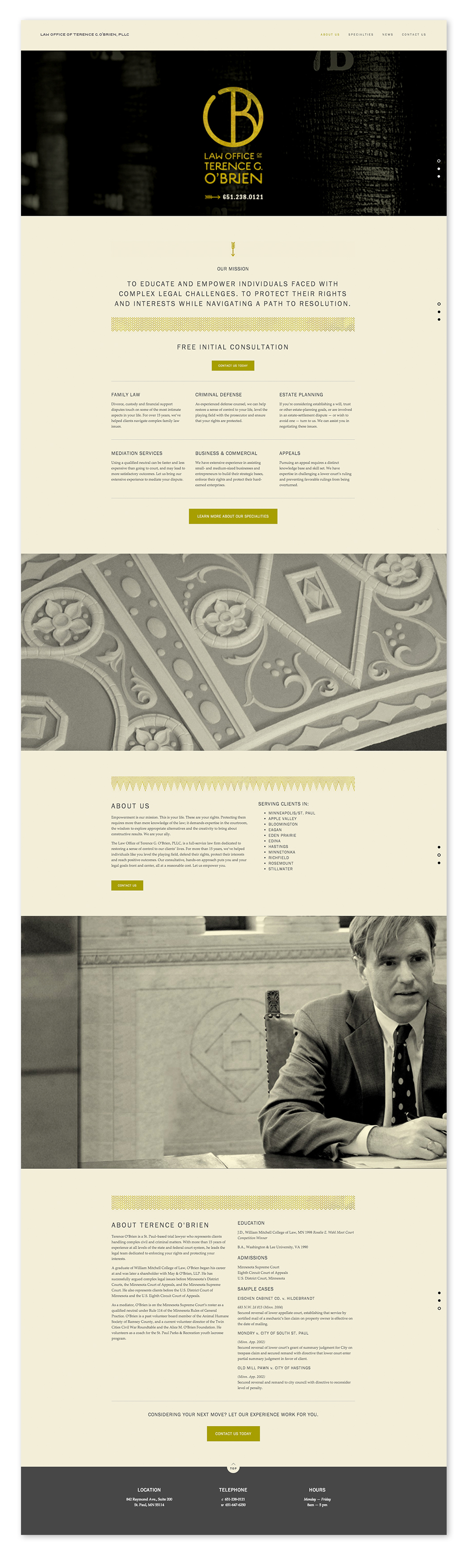The Law Office of Terence G. O'Brien homepage Site UX, design: Jennifer O'Brien Photography: Jennifer O'Brien Copywriting: Diane Richard Development: Jennifer O'Brien, Jamie Karlin