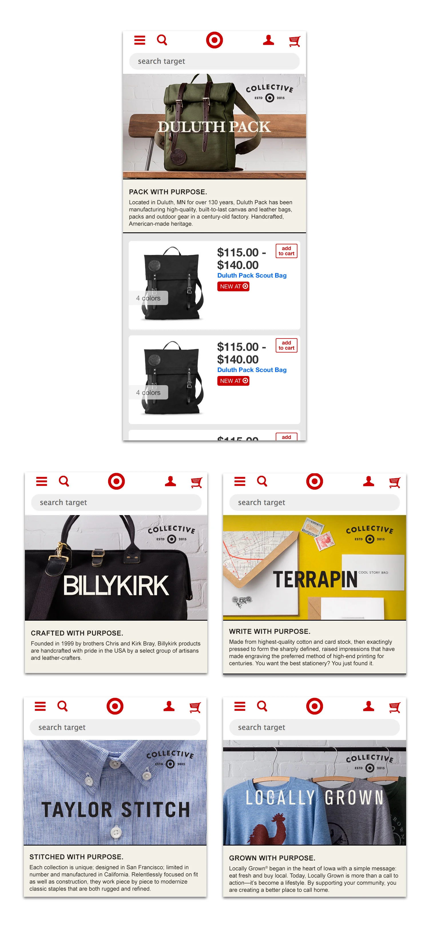 Collection page headers for each maker collection in mobile responsive layout.