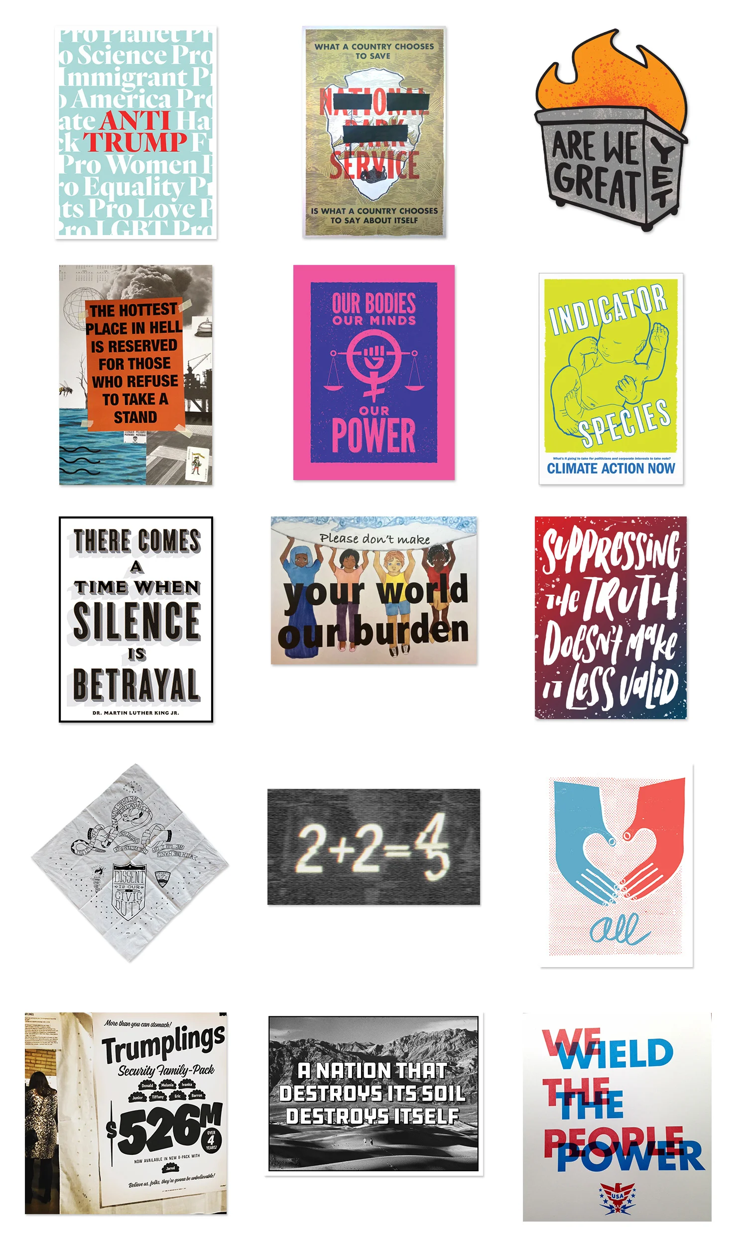 Signs created by (left to right): Eight Hour Day, Brandon Alvarado, Aaron Groh, Kristen McDougall, Joseph Hrabe, Adam Demers, Jen Trotter, Jia Ryholm (age 11), Kristin Williams, Kyle Wyatt, liping vong, Jeff Berg, Karl Schweikart, Vincent Night, Atomic Bomb Press All posters can be seen on this Pinterest board , which includes artists' contact information.