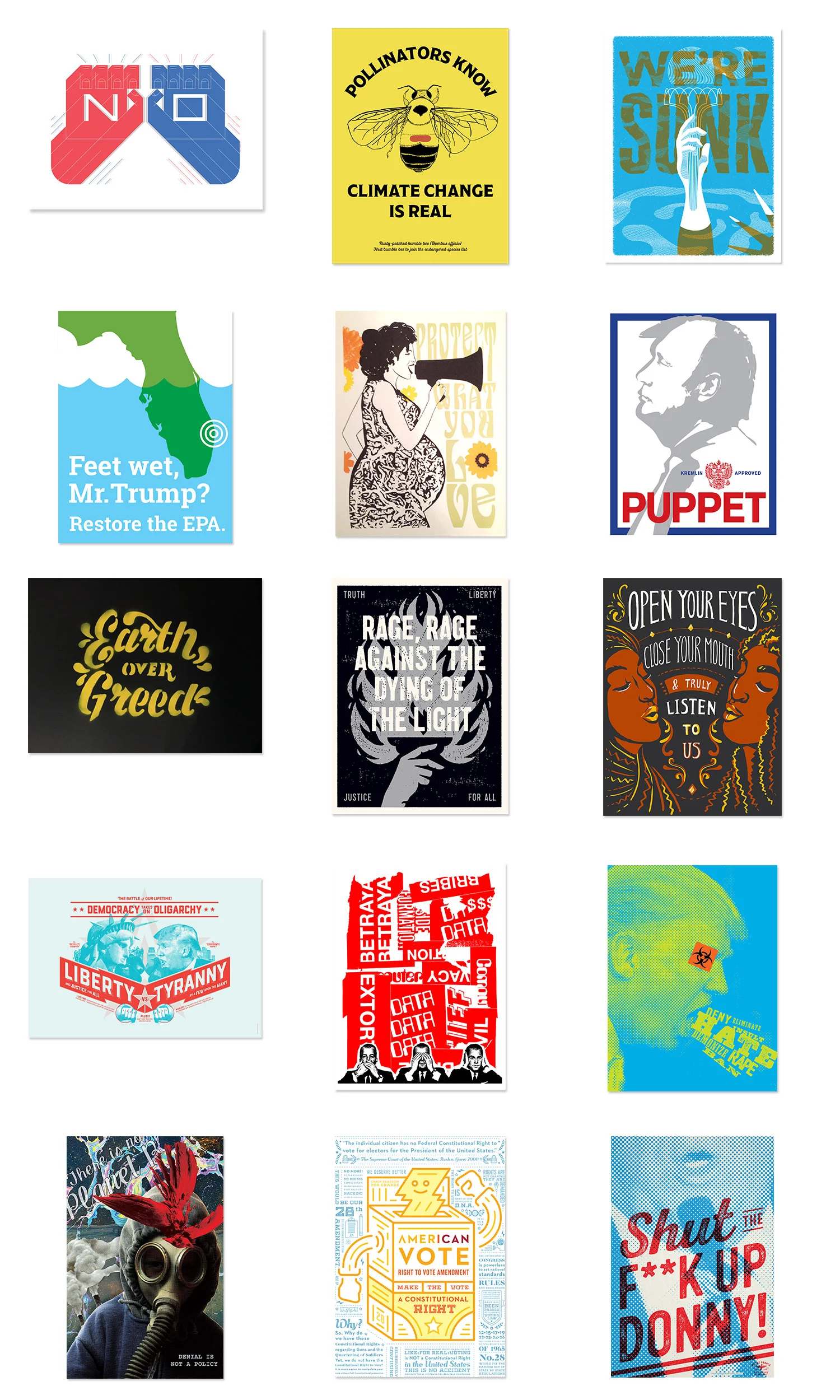 Signs created by (left to right): James O'Brien, Sarah Nassif, Nathan Hinz, Sandra Wolfe Wood, Natasha Pestich, Carolyn Porter, Matt Erickson, Phil Eggleston, Violeta Rotstein, John Moes (This is Folly), Samuel W. Anderson, Dan Woychick, Jessica Slagle, Jeff K. Johnson (Design Replace), Holly Robbins (This Folly) All posters can be seen on this Pinterest board , which includes artists' contact information.