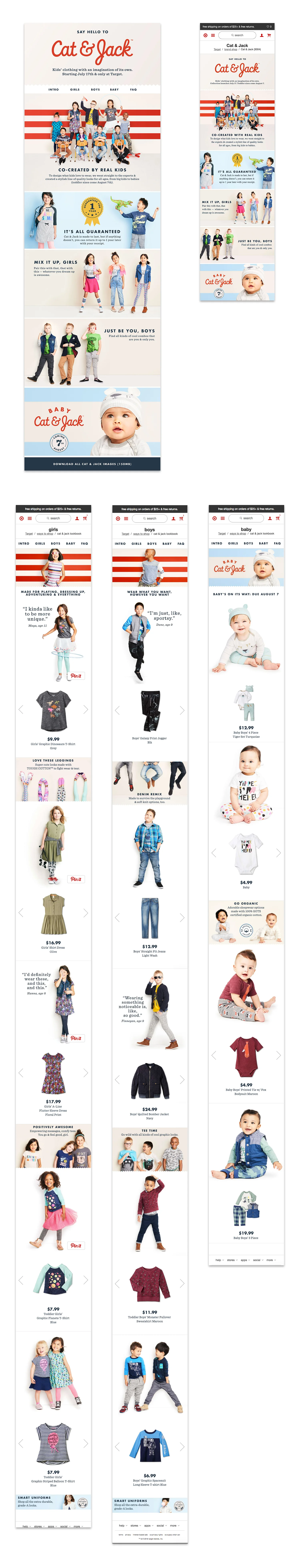 Cat & Jack brand look book: desktop and mobile layouts. We worked with the Target online product design team to create new creative components including 2-part carousels, custom live-type brand fonts, and floating nav bars, which became permanent options in the online tool kit.
