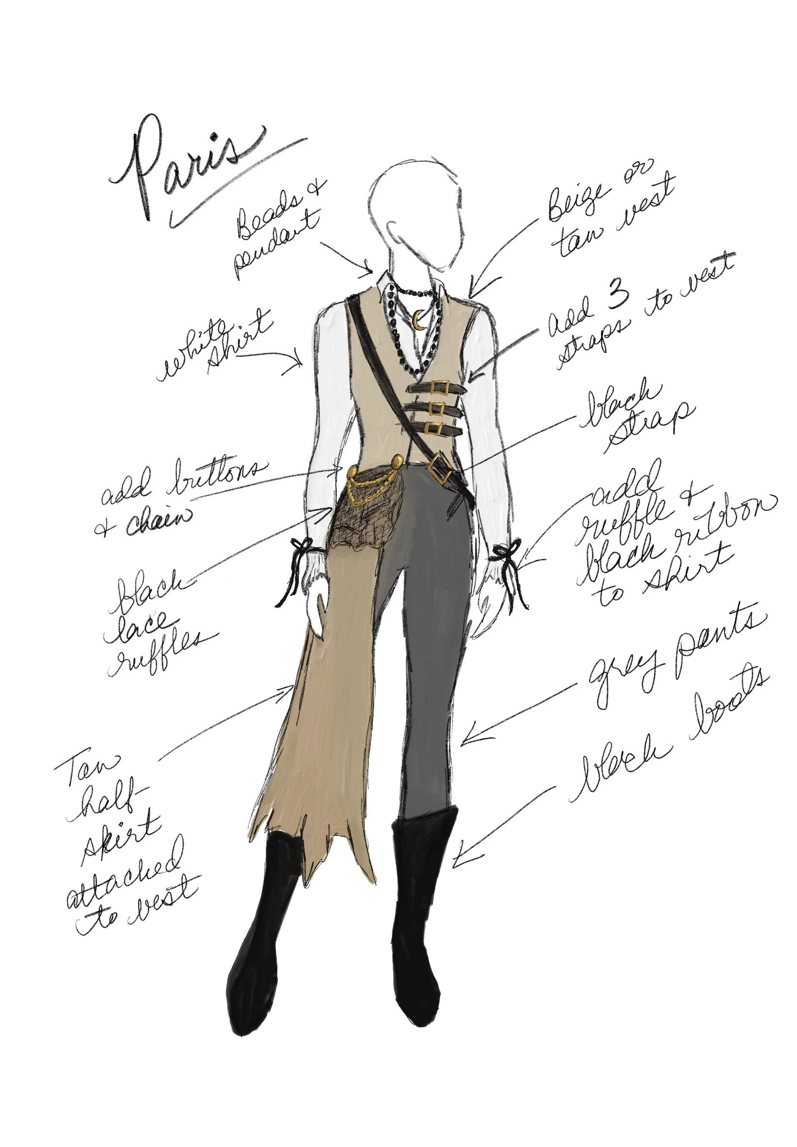 Fashion illustration of a woman in a beige and black outfit with notes pointing to different clothing and accessories, labeled with descriptions like "Paris," "beads & pendant," "white shirt," "add buttons & chains," "black lace ruffles," "tan half skirt attached to vest," "big us tam west," "add 3 straps to vest," "black strap," "add ruffle & black ribbon to shirt," "grey pants," and "black boots."