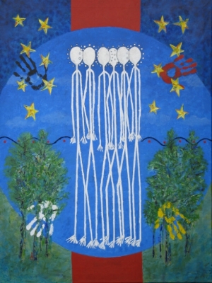 Spirit Helpers . 30 x 40 inches. Acrylic and mixed media painting on canvas.