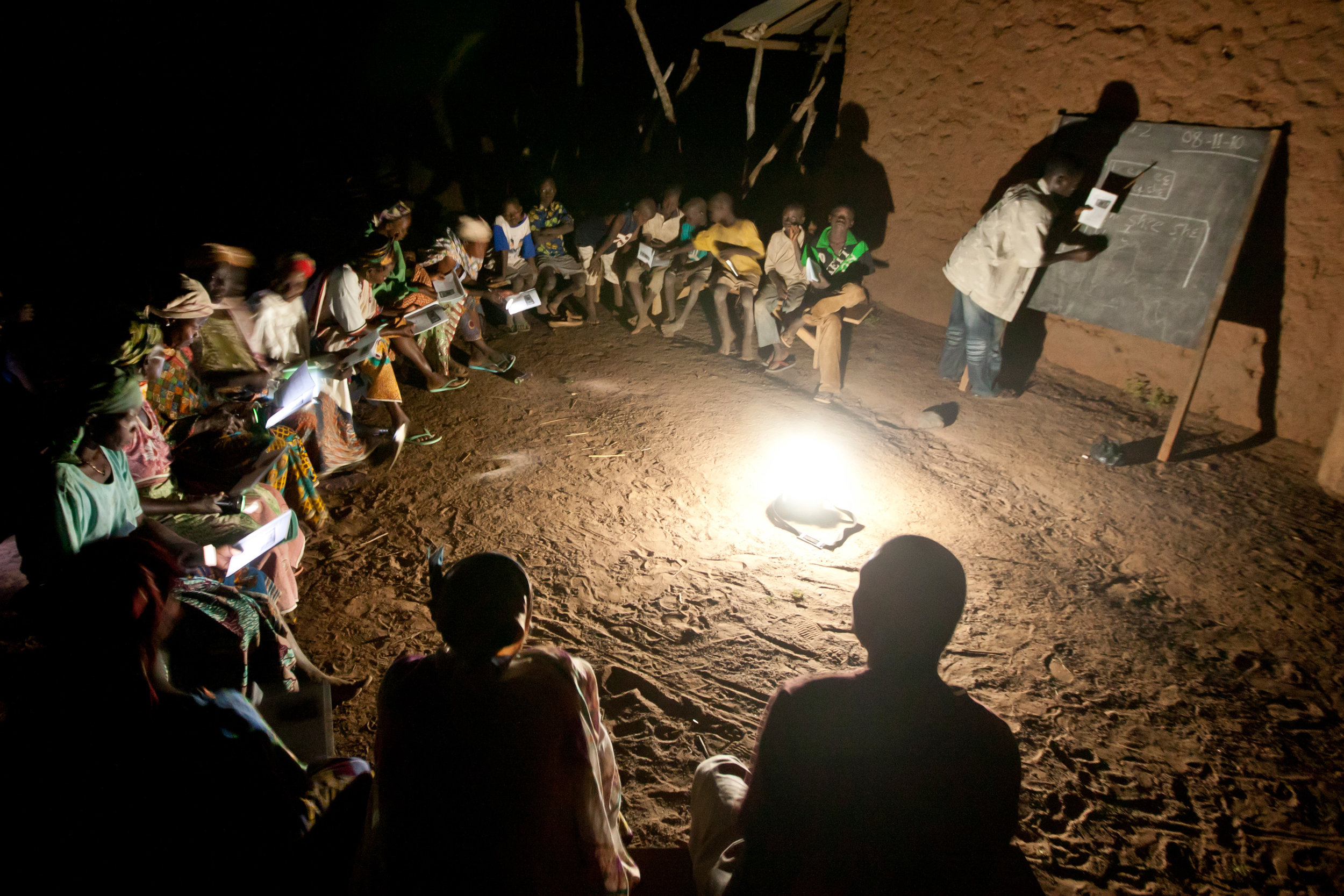 Adults, mostly women, are highly motivated to attend nighttime literacy classes after their day's work is done. But this poses challenges since many communities do not have electricity. With solar powered lights, LDP has been able to solve some of these problems.