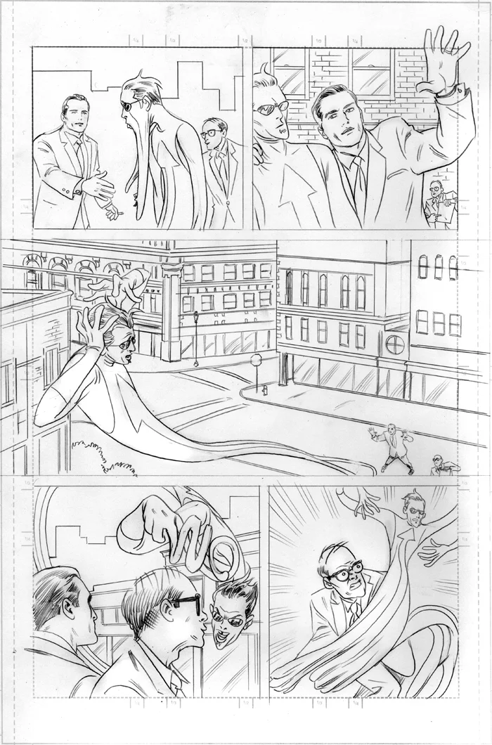 A couple of pages of Michael Allred's original pencils for "Mr. Gum: Who Sell-Out? You Sell-Out!"