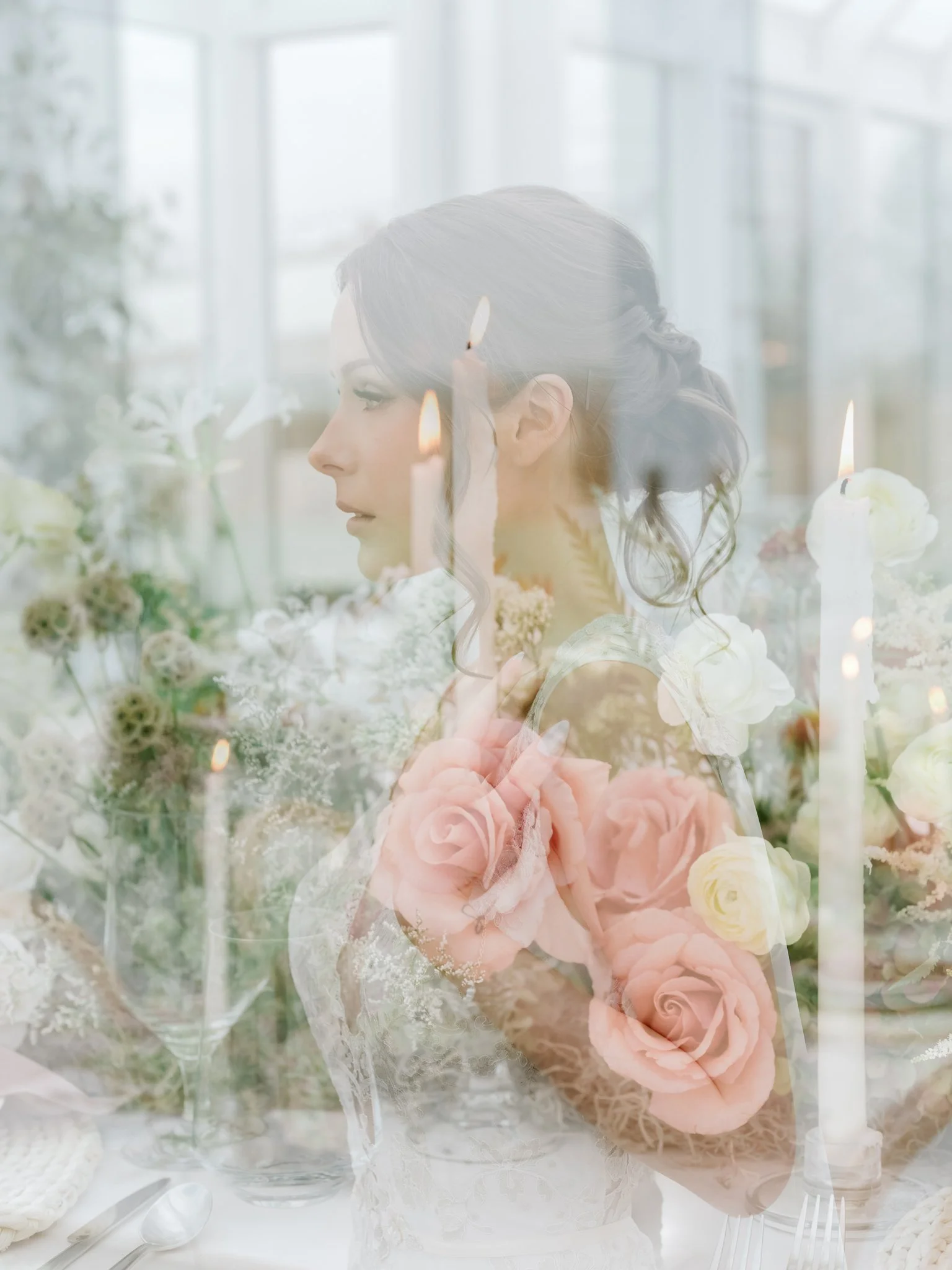 A woman with dark hair styled in an updo, holding a finger to her lips, with multiple candles and flowers layered over the image creating a soft, dreamy effect at Greenhouse on Harvard near Spokane, Washington.