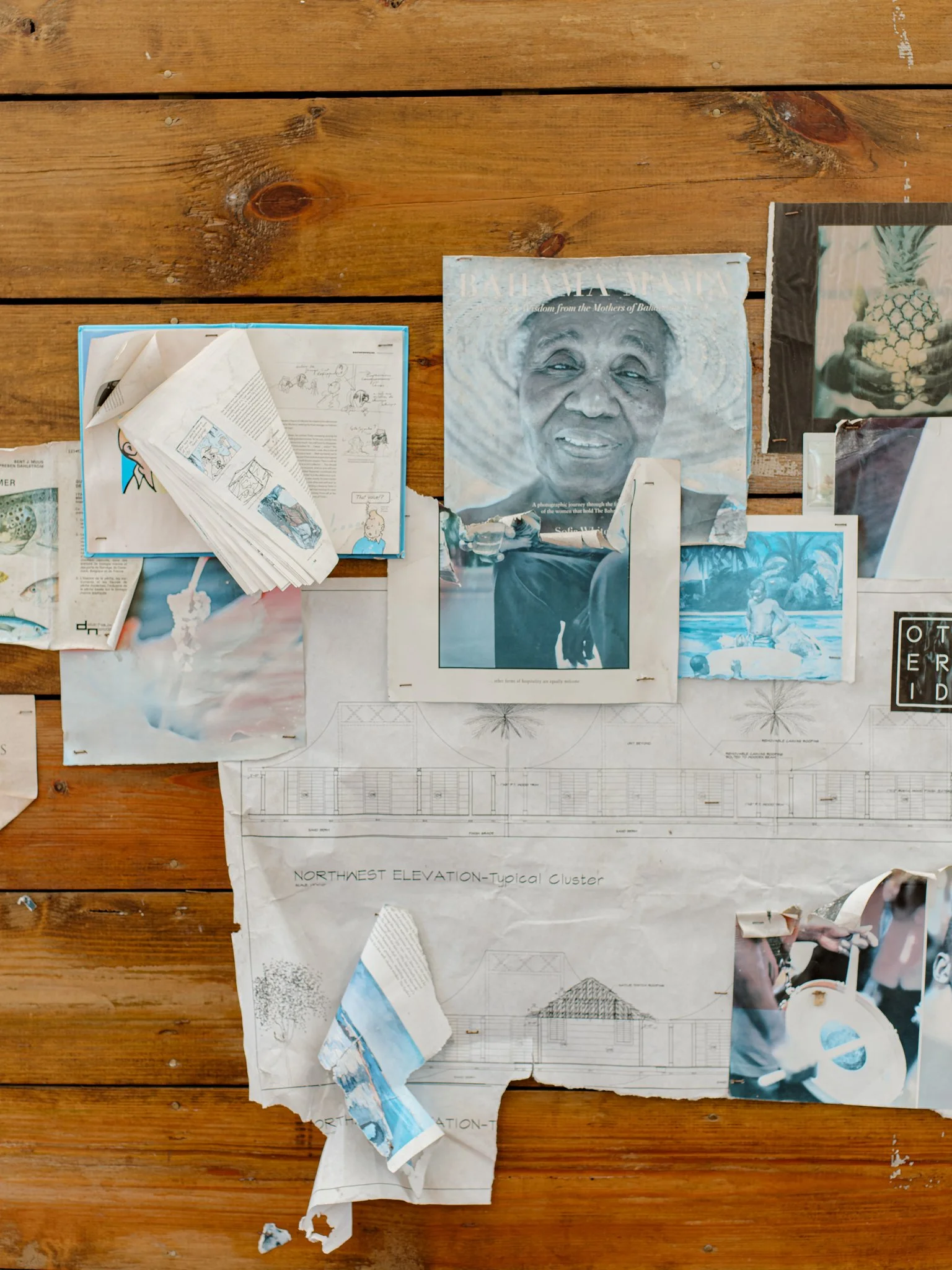 A collage of various papers taped on a wooden wall, including black-and-white and color photographs, sketches, a newspaper clipping, and architectural drawings.