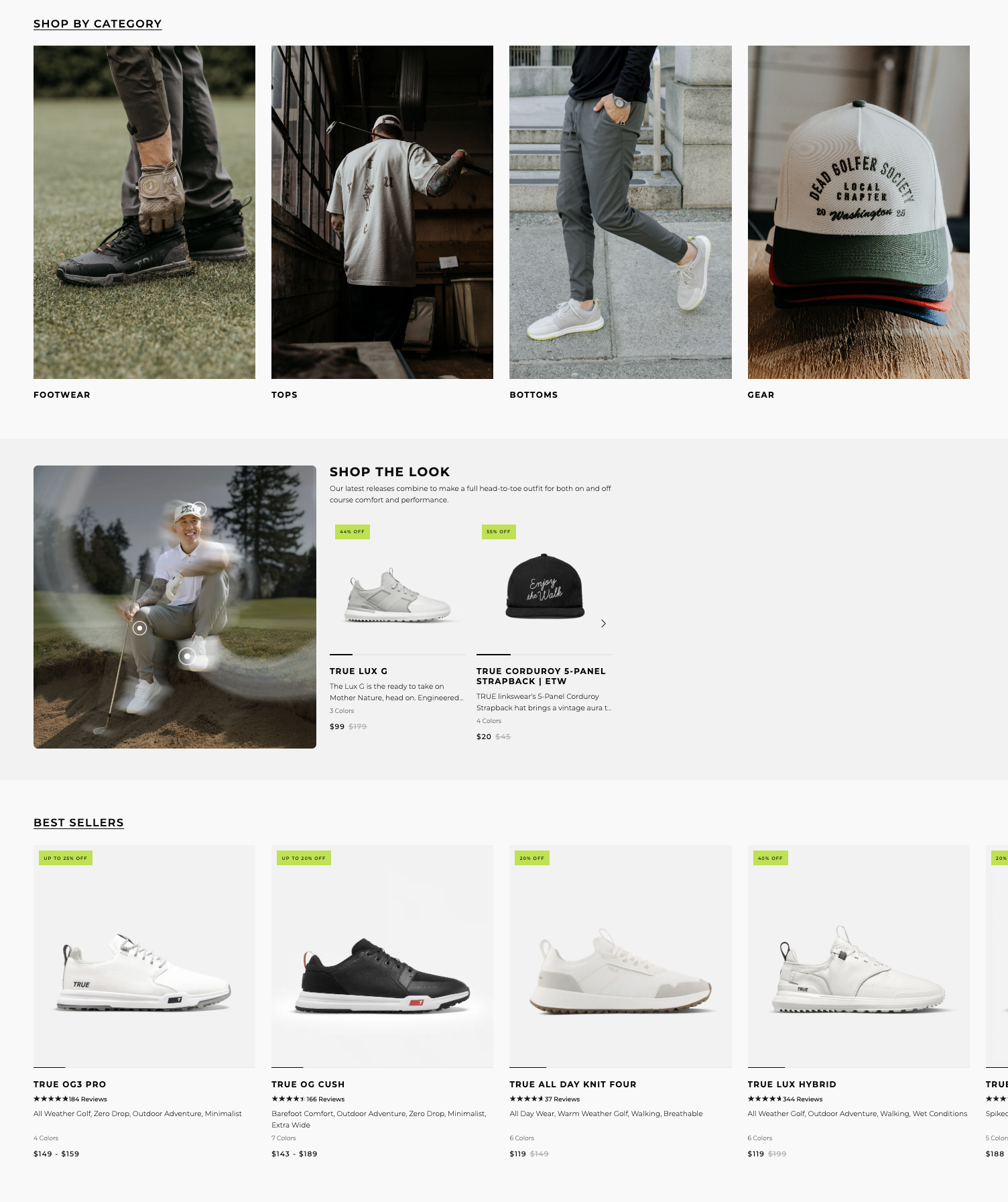 Screenshot of a golf apparel and accessories website with sections for shopping by category, featured items, and best sellers. The top section displays pictures of golf footwear, tops, bottoms, and gear. The middle section highlights golf shoes and accessories with sale discounts. The bottom section showcases various golf shoes with prices and discounts.