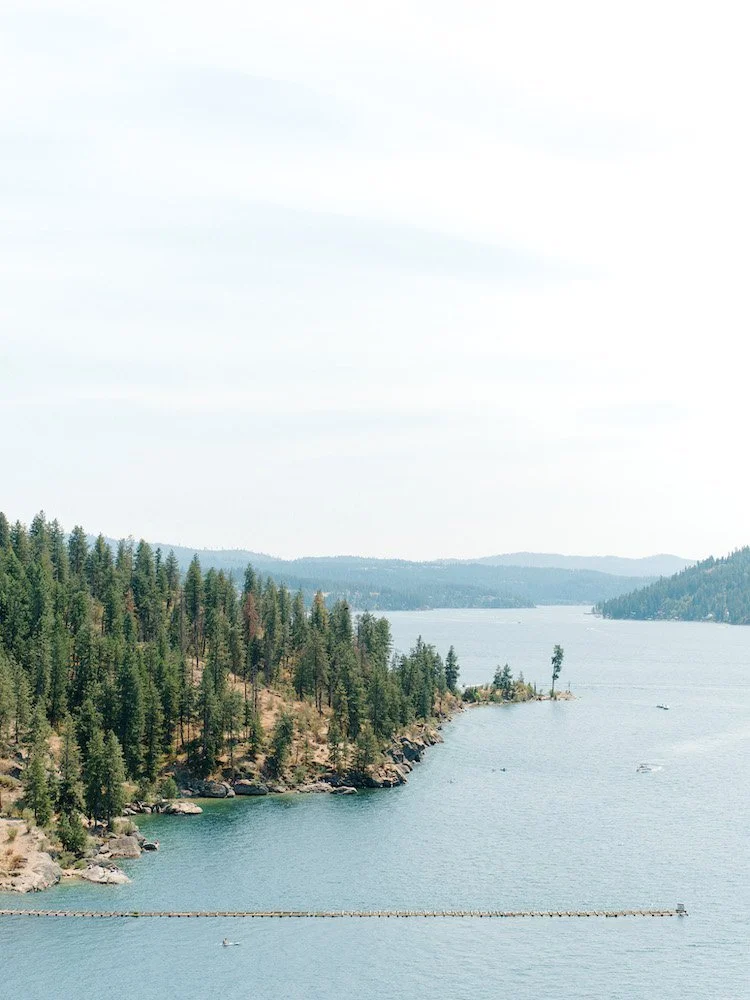 A scenic view of a lake surrounded by forested hills under a cloudy sky.
