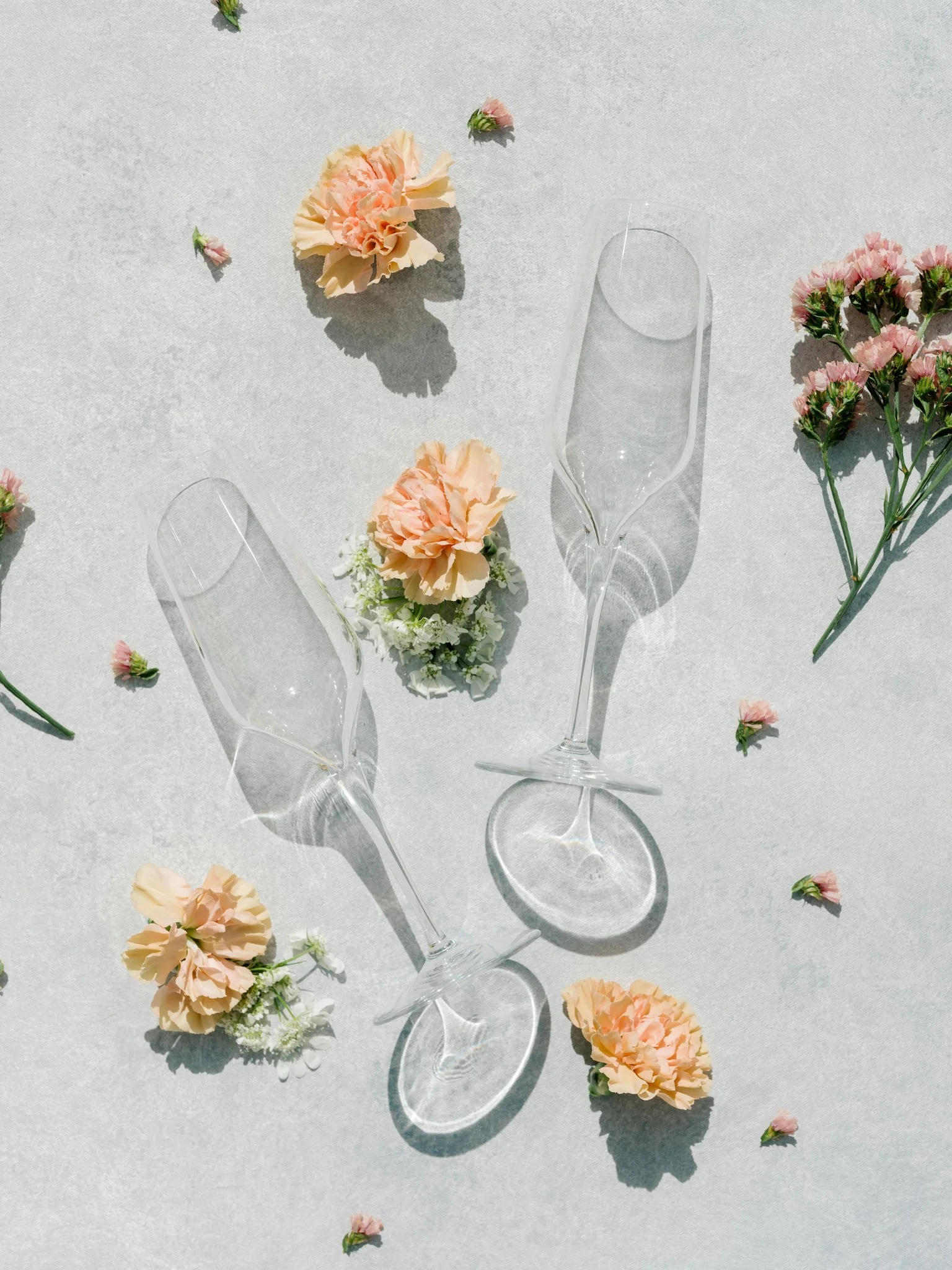 Two empty champagne flutes with shadows, surrounded by pink carnations and small pink flowers on a light surface at Greenhouse on Harvard near Spokane, Washington.