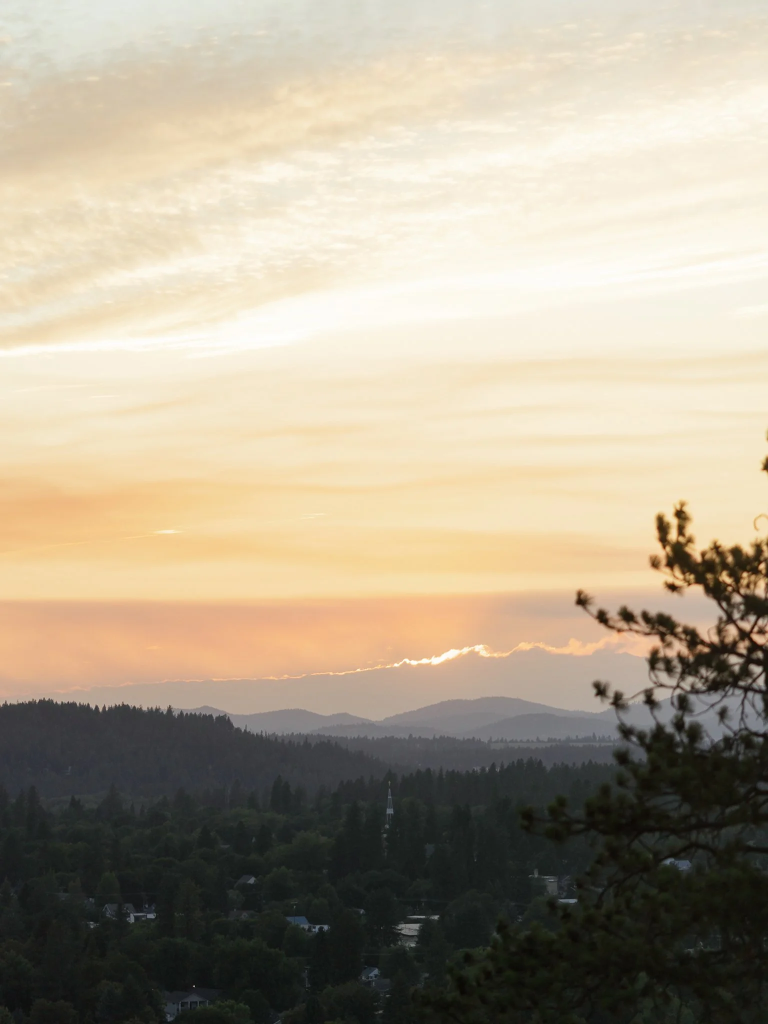 Sunset over a forested landscape with rolling hills, partially obscured by clouds and tree branches in the foreground.