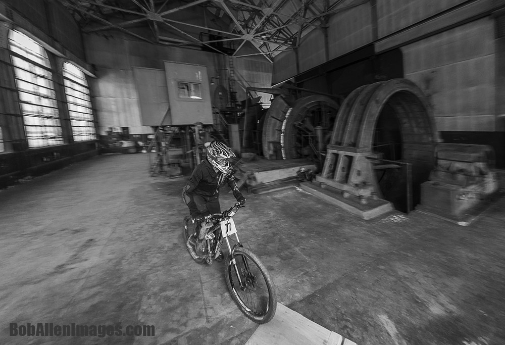  A racer rolls through the historic Con Mine in the Evel Urban Downhill in Butte America. 