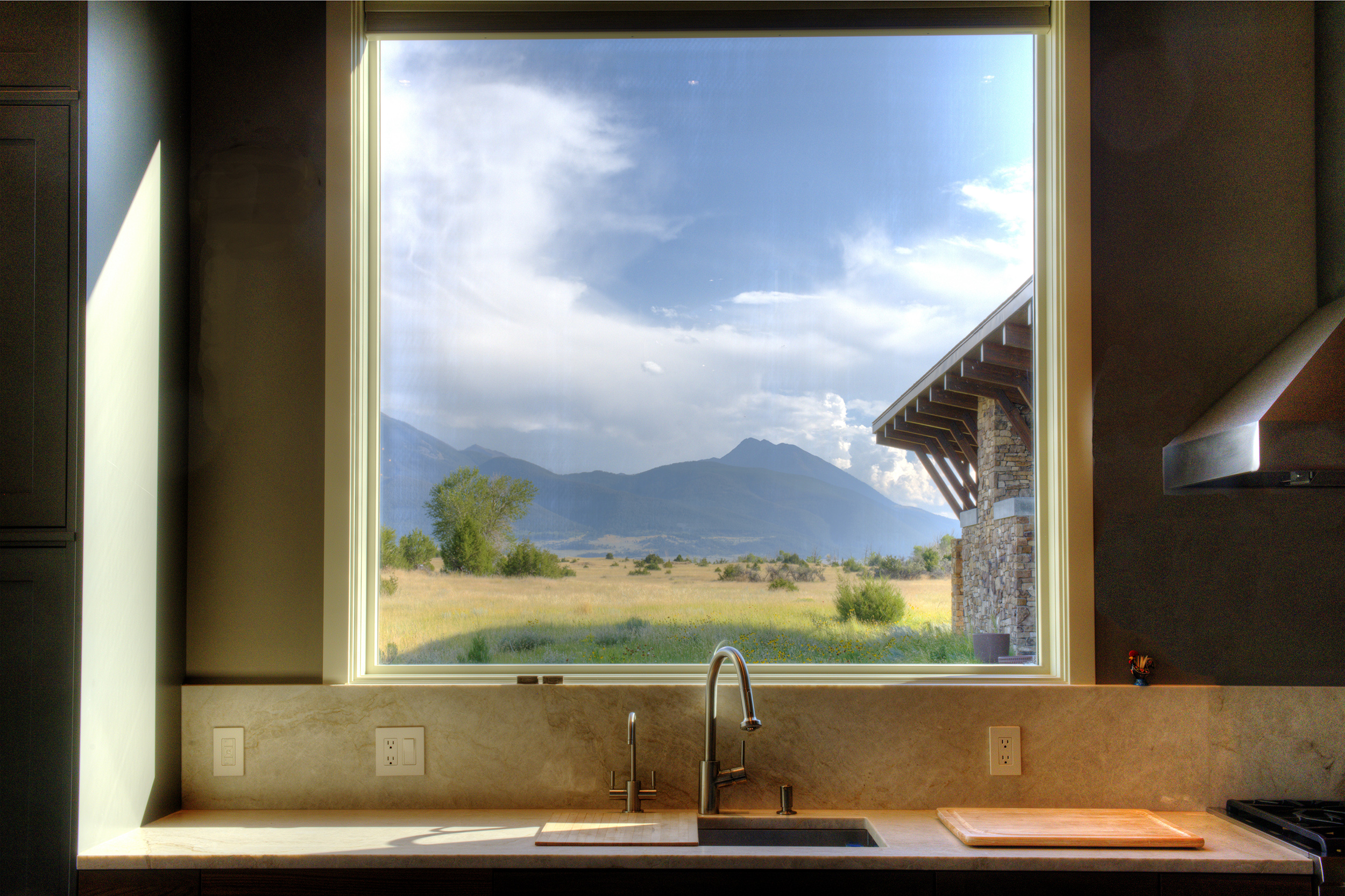 Kitchen with a view, Fish Camp Builders.  Paradise Valley, Montana