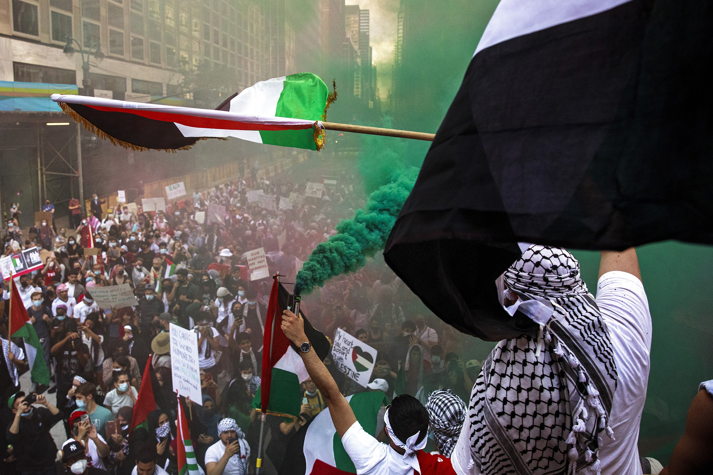  Pro-Palestinian demonstrators rally in Manhattan in response to fighting in Gaza between Hamas and Israel. New York, NY 