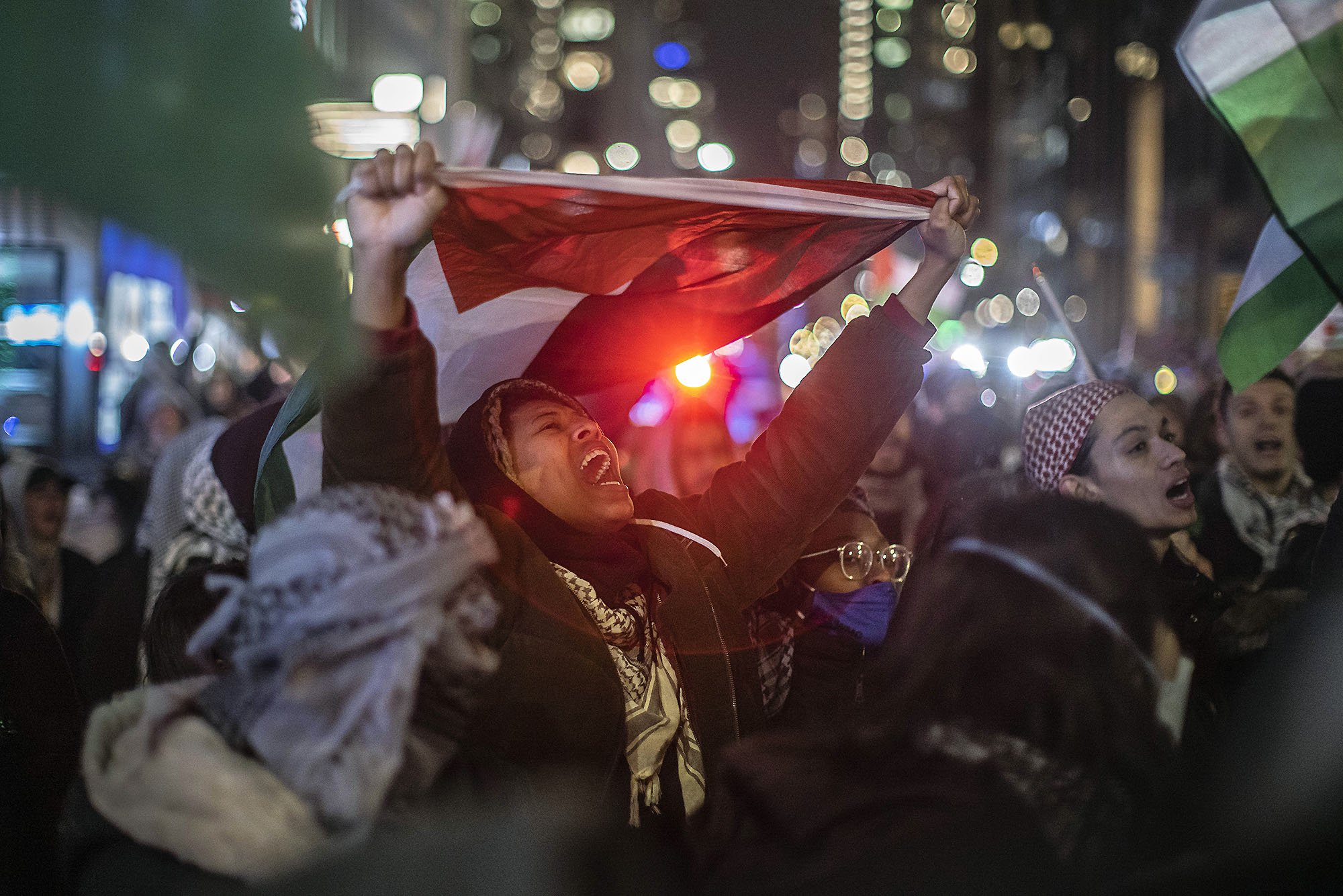  Pro-Palestinian demonstrators chant at the conclusion of a march. New York, NY 