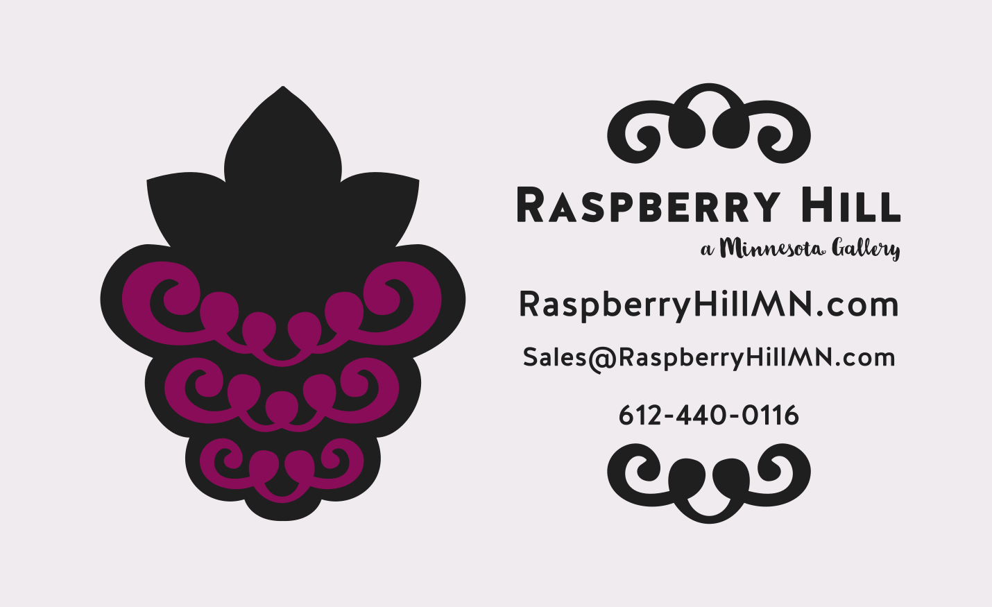 A Simple Business Card design for raspberry hill featuring their logo and information.