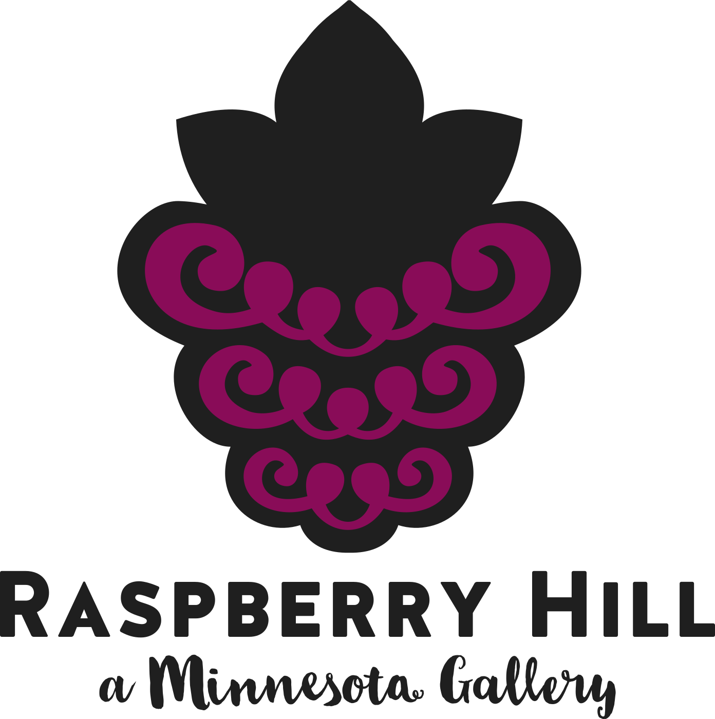 Stylized Raspberry logo with the words Raspberry Hill a Minnesota Gallery below them.