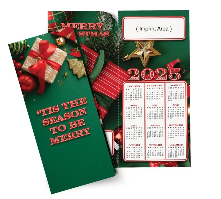  ‘Tis the Season to be merry greeting card calendar featuring gifts on a green background 