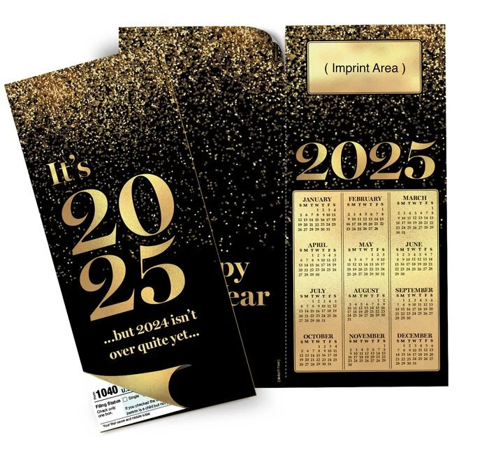  Greeting Card Calendar celebrating the new year with gold confetti and the phrase “It’s 2025…but 2024 isn’t over quite yet… 