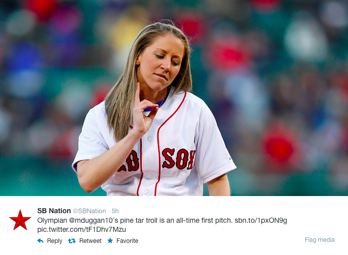 One of the many media tweets about what happened at Fenway Park with Meghan Duggan getting a little extra before she threw out the first pitch.