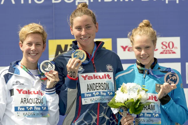 Courtesy of FINA - Haley Anderson with Greece and German medalists at the FINA 2015 World Championship in Kazan, Russia (July 25, 2015) where she won the 5k Open Water title. The medal was the 500th FINA World Championship medal all-time for the United States.