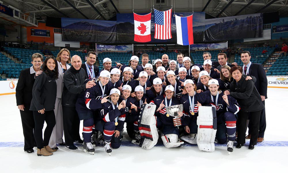 Team USA after defeating Canada in sudden death OT at the 2016 Women's World Championship in Kamloops, BC. Meghan pictured in the center was the Team Captain for the U.S.