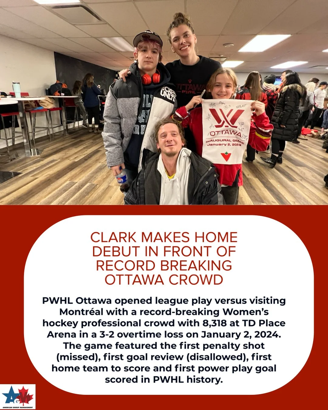 Clark makes PWHL debut in overtime loss to Montreal at TD Place Arena 