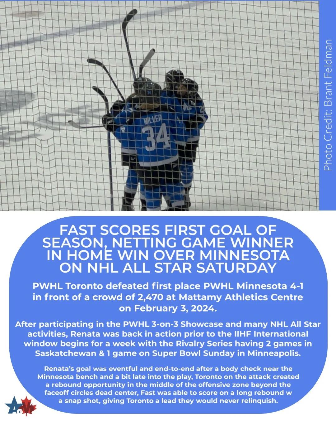 Fast scores first goal in 4-1 victory vs Minnesota during NHL All Star Weekend in Toronto