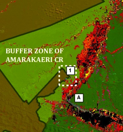 Red, black, and yellow areas show the growing threat of illegal gold mining
