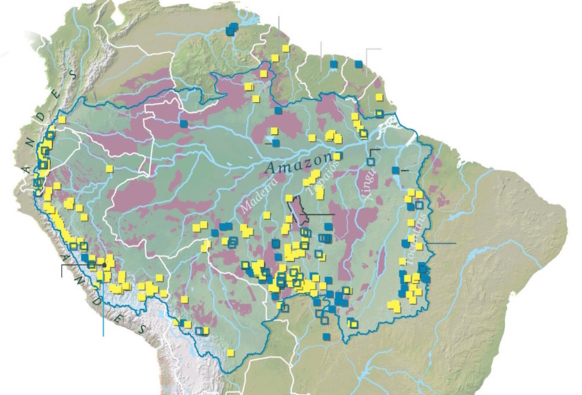 Scores of new dams are being planned (yellow) in the Amazon-Andes region (blue symbols indicate existing dams).
