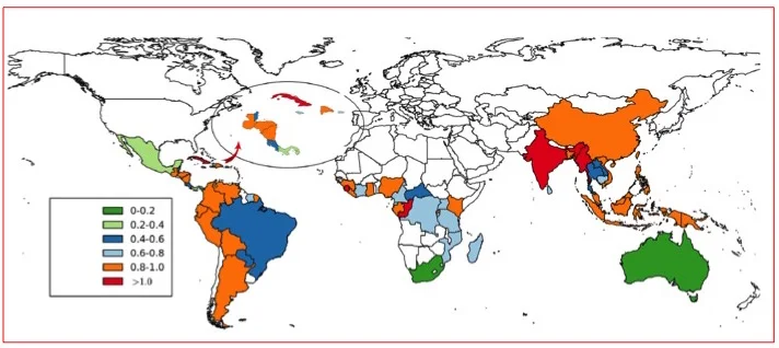For protected areas, green is good, whereas orange and red are bad (from Spracklen et al. 2015, PLoS One ).