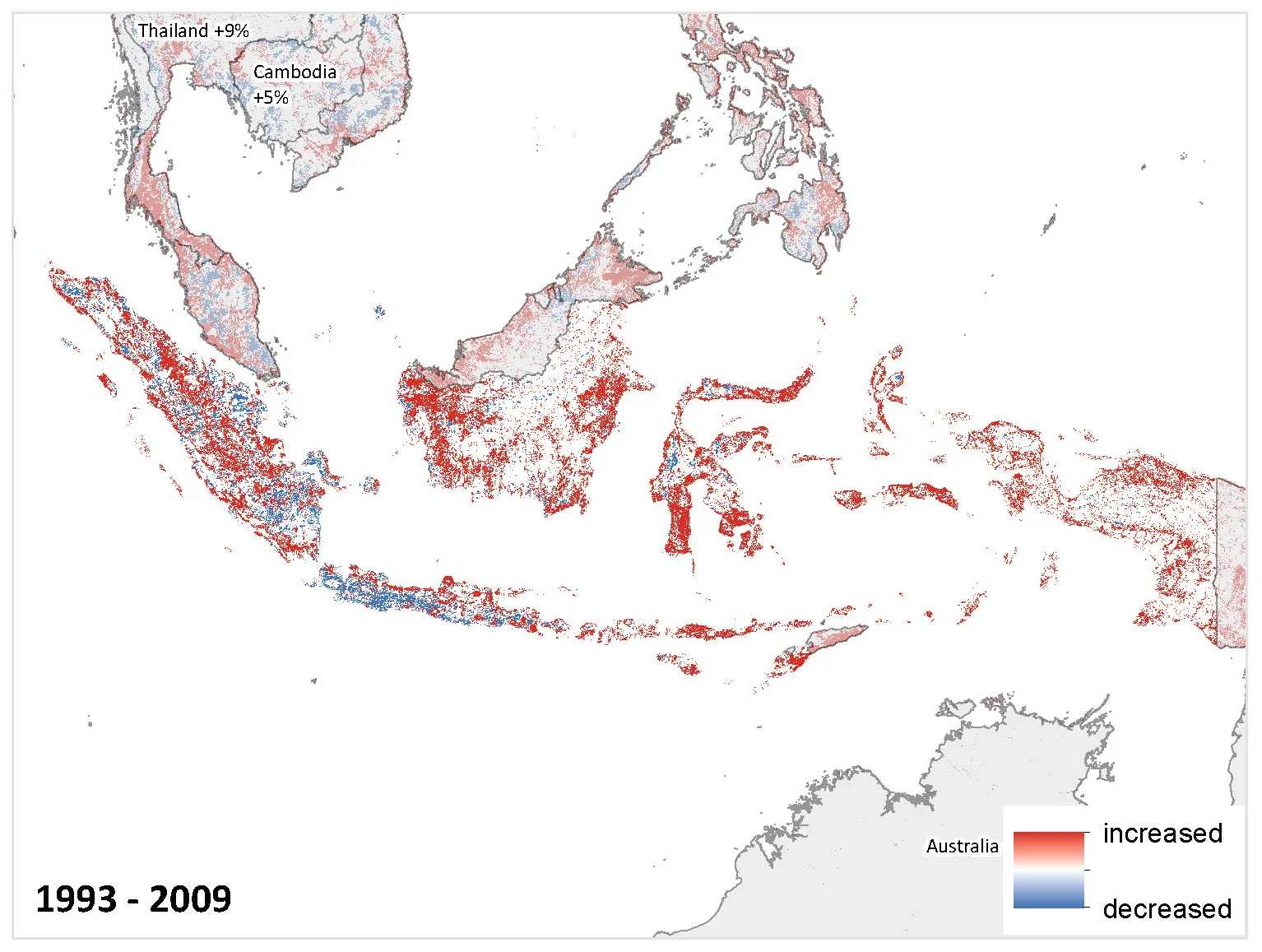 Changes in the human footprint for Brazil (above) and Indonesia (below).