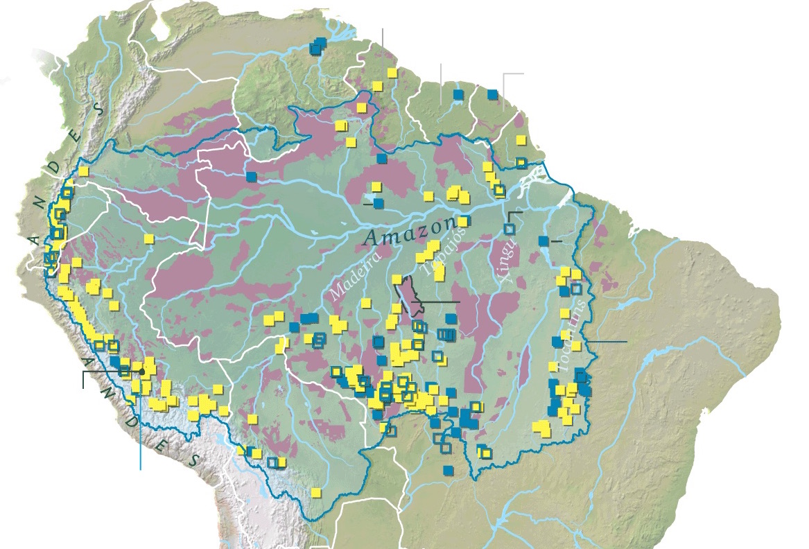 Major existing (blue) and planned (yellow) hydroelectric dams in the Amazon Basin.