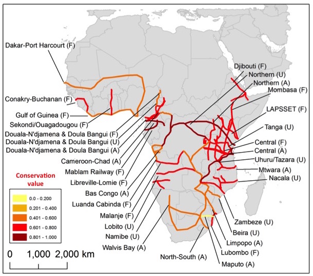 'Development corridors' in sub-Saharan Africa, ranked by the conservation importance of habitats that would be impacted by the corridor.