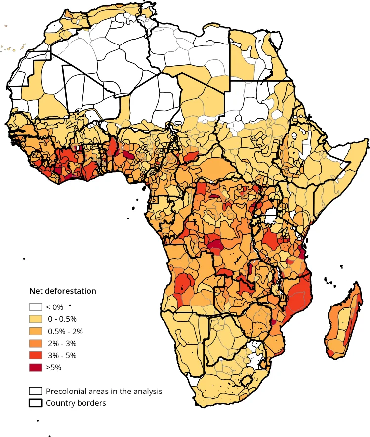 Worrying loss of wildlife habitats in Africa. Shown here are deforestation trends from 2000 to 2012 (from S. Larcom et al. 2016. Land Use Policy ).