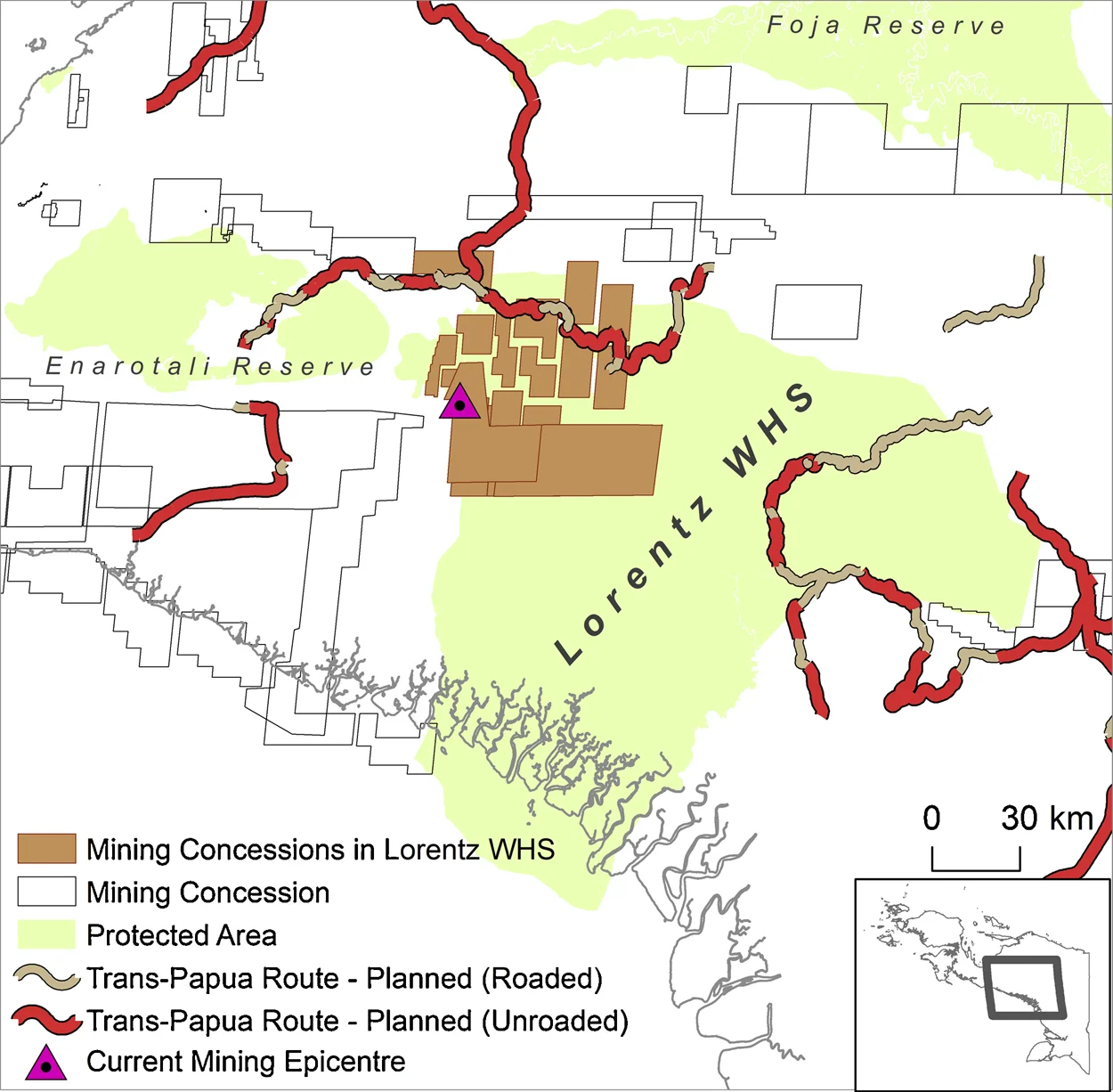 Planned roads and existing mining leases inside Lorentz World Heritage Site.