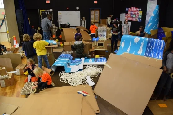 A view of the box-building station at the Peconic Community School Mini Maker Faire, held on March 12th.
